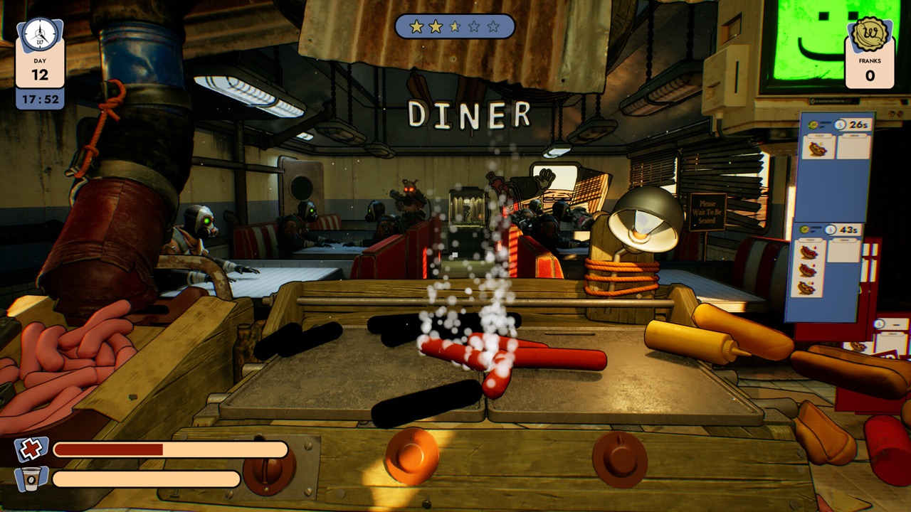 Doomsday Diner gameplay: sausages on the grill behind the counter, order tickets counting down, and mutant customers waiting in the booths