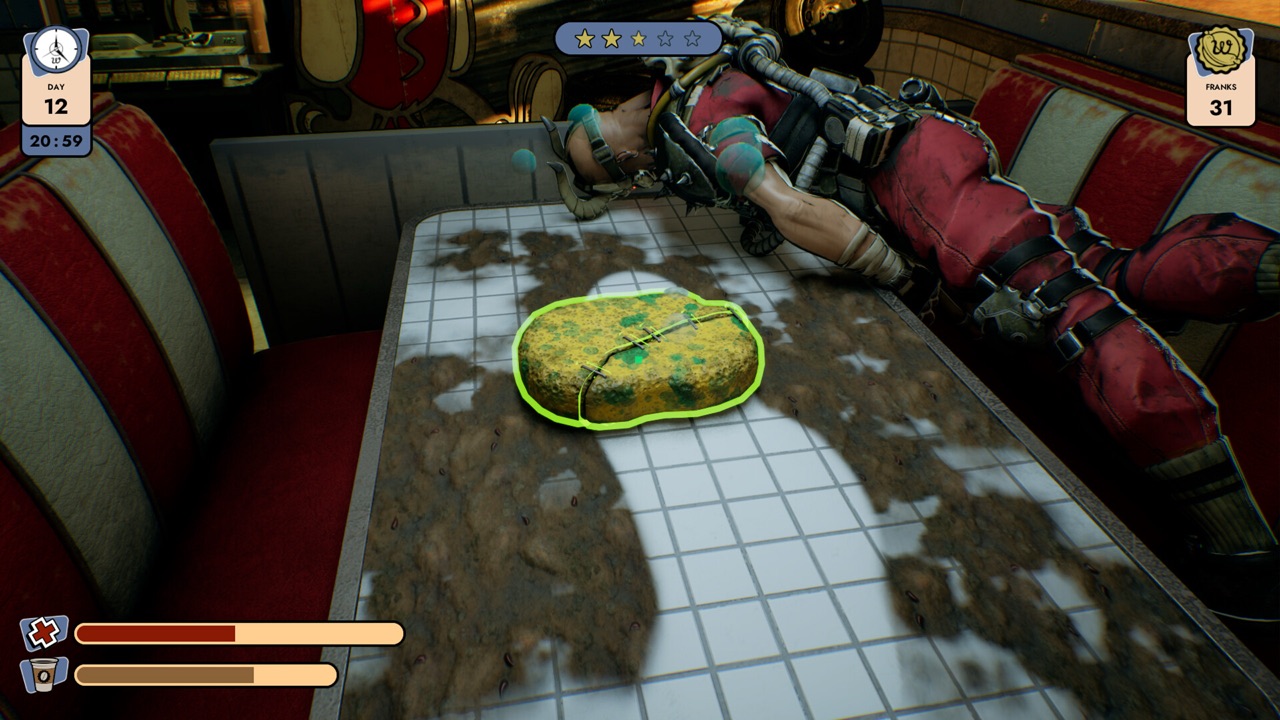 Doomsday Diner cleaning: a glowing-outlined sponge on a booth table covered in grime, while a bandit customer lounges on the seat