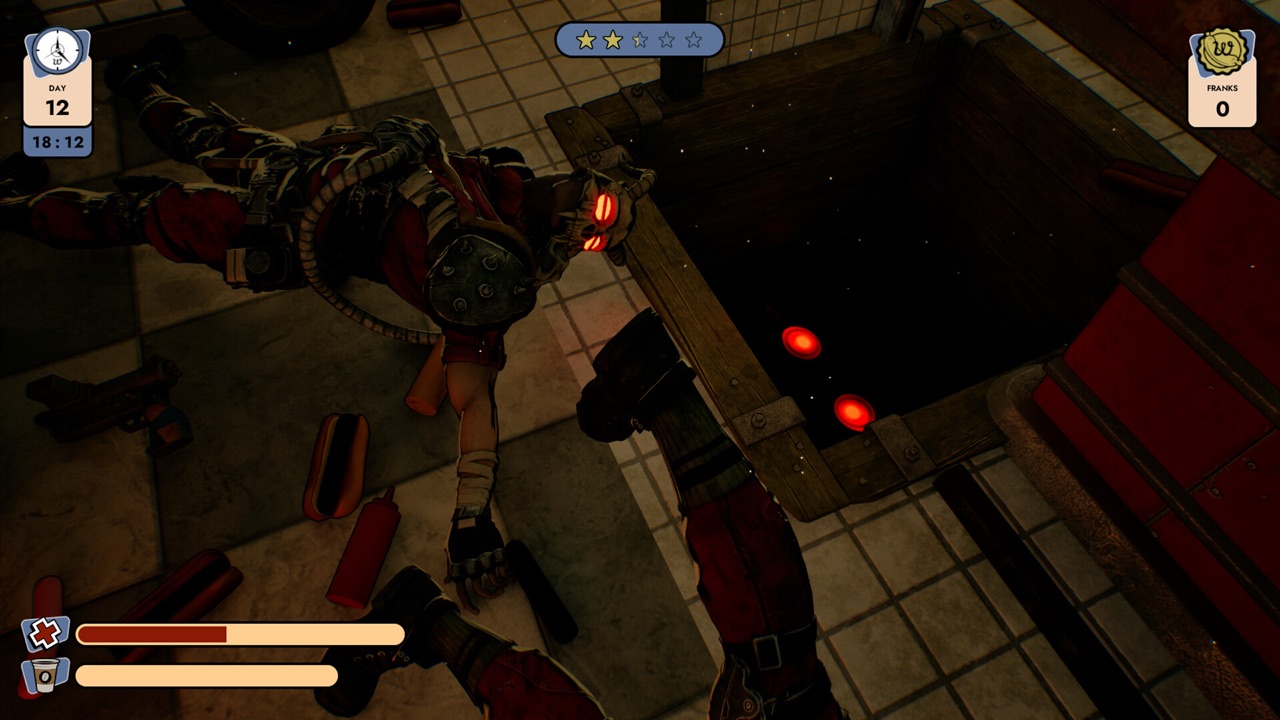 Doomsday Diner aftermath: a downed bandit with glowing red skull eyes sprawled beside an open floor hatch, with hot dogs and sauce bottles scattered around