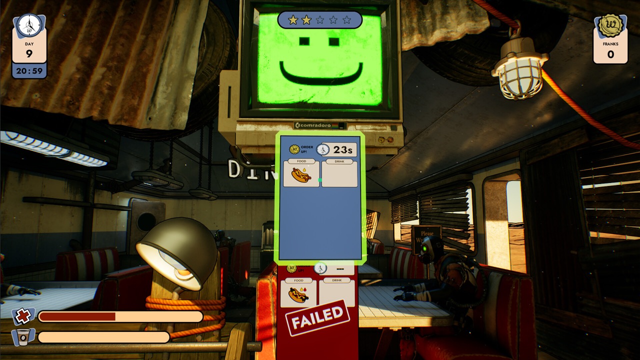 Doomsday Diner order screen: a hot dog order on a 23-second timer above another order already stamped FAILED, watched by a grinning CRT monitor
