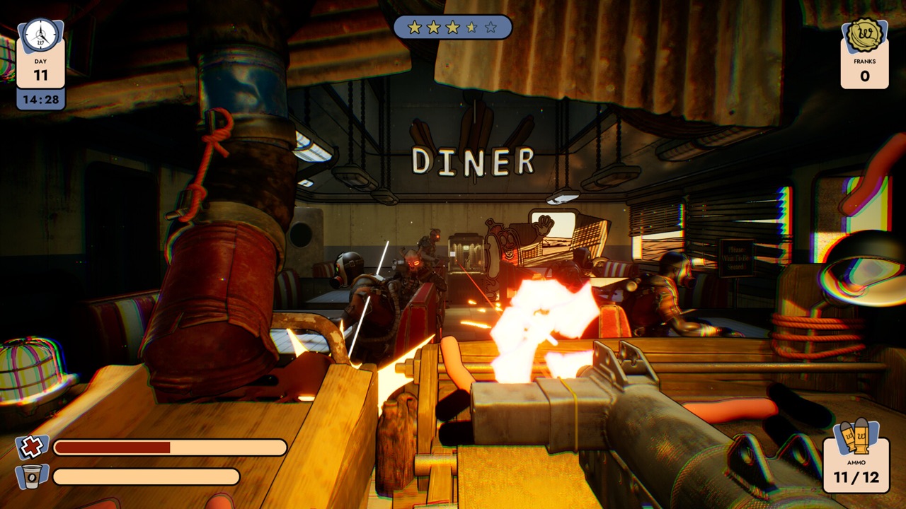 Doomsday Diner combat: firing a pistol across the counter at bandits with glowing red eyes, muzzle flash lighting the diner, ammo counter reading 11 of 12
