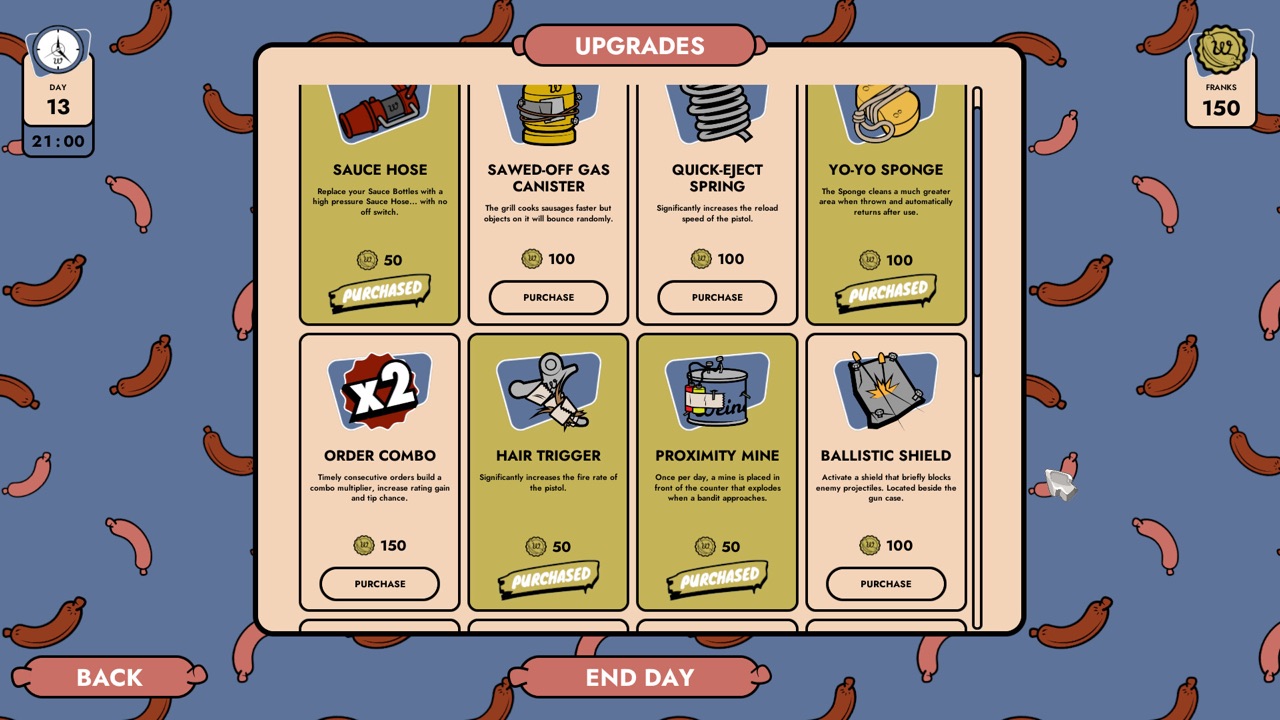 Doomsday Diner upgrades shop with a Franks balance of 150 and upgrade cards priced at 50 to 150 Franks, some stamped PURCHASED