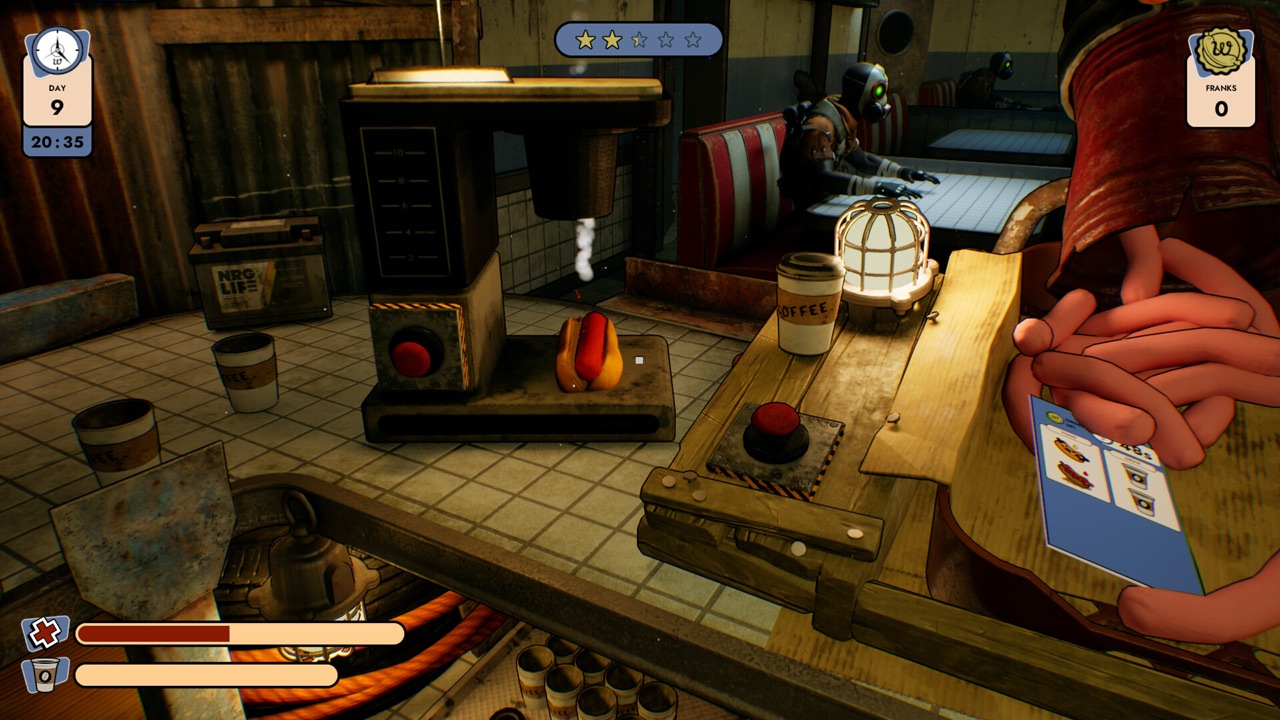 Pouring a coffee behind the counter in Doomsday Diner
