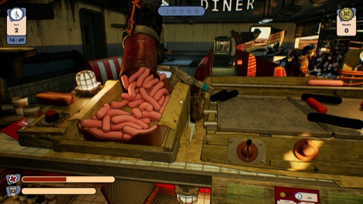 Pouring a crate of sausages into the hopper beside the grill